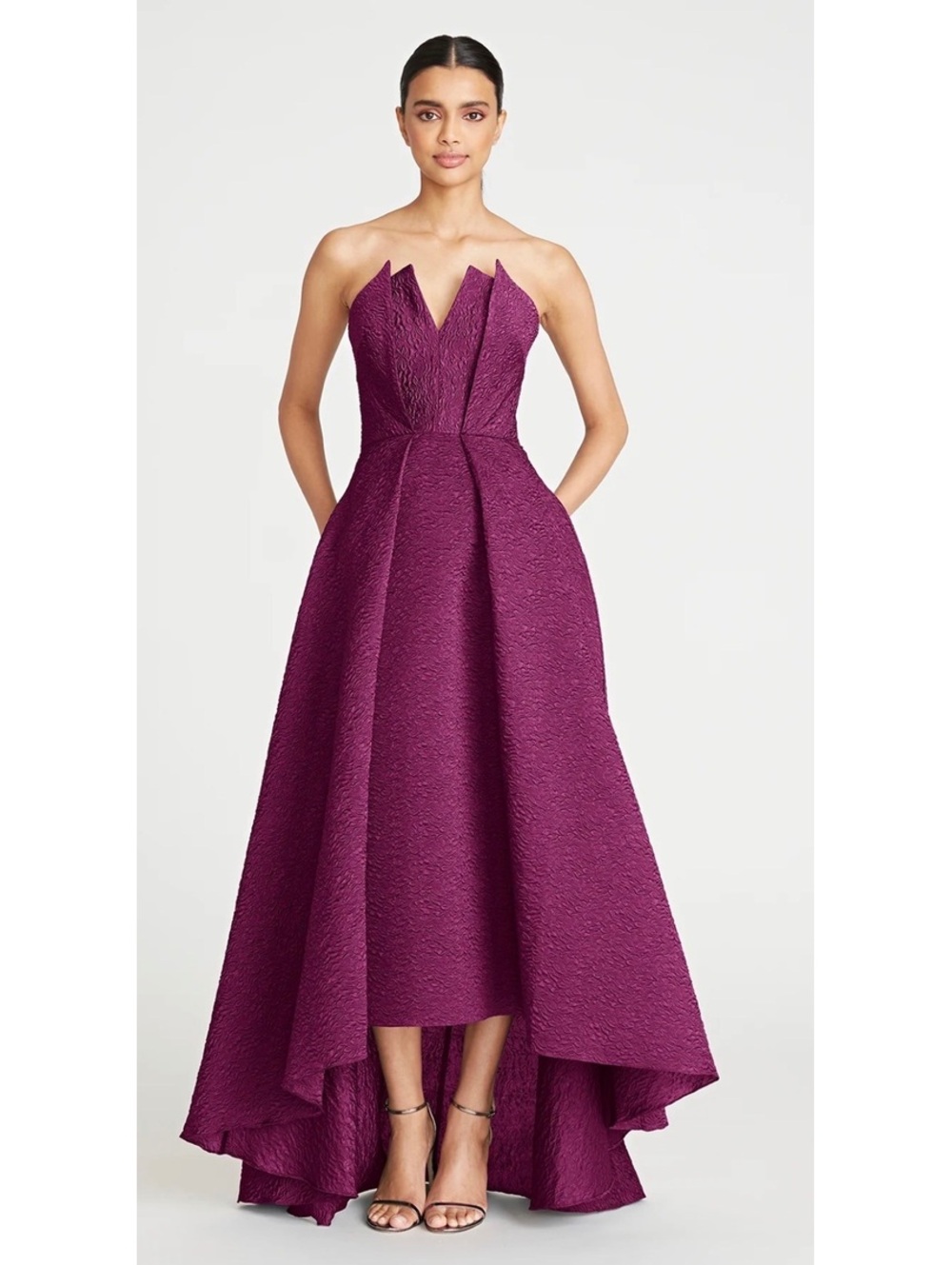 THEIA Imogen High Low Jacquard Gown Wineberry Size 12 Designer Evening Dress NWT